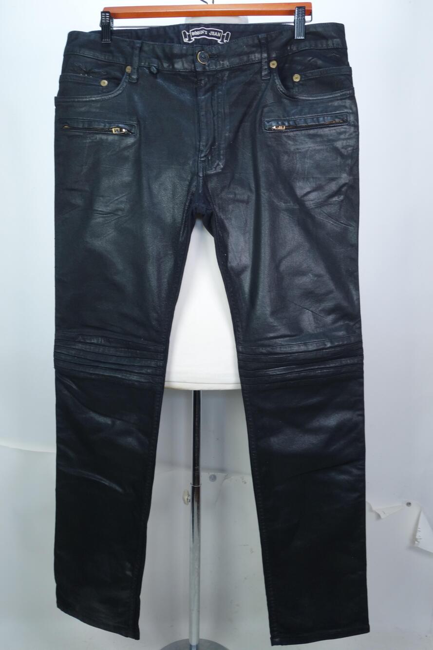Robins Jean SP478 Motard Jeans Mens 36x32 Black Coated Moto Zip Pockets Biker